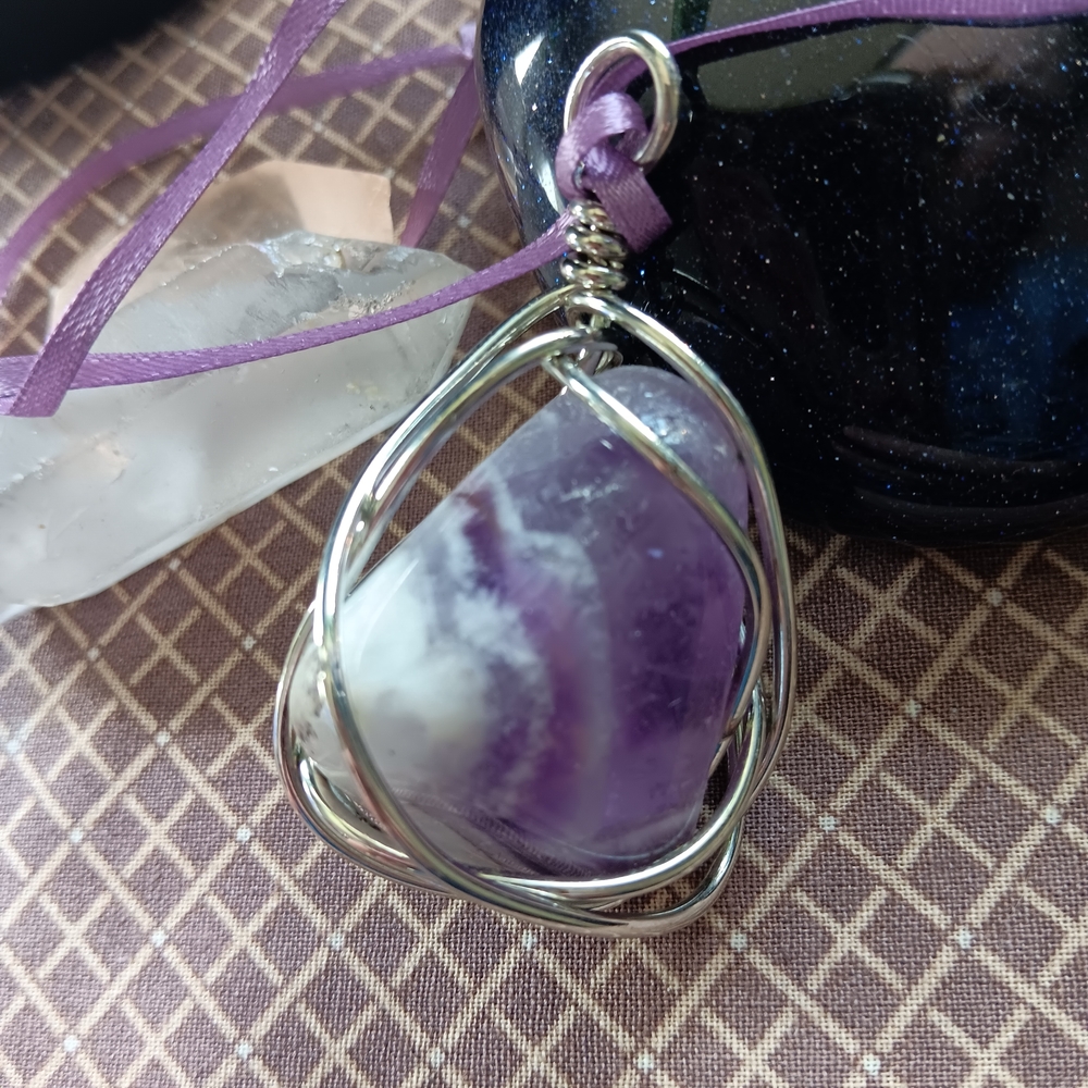 Band or chevron Amethyst Set In Silver Cage Pendant